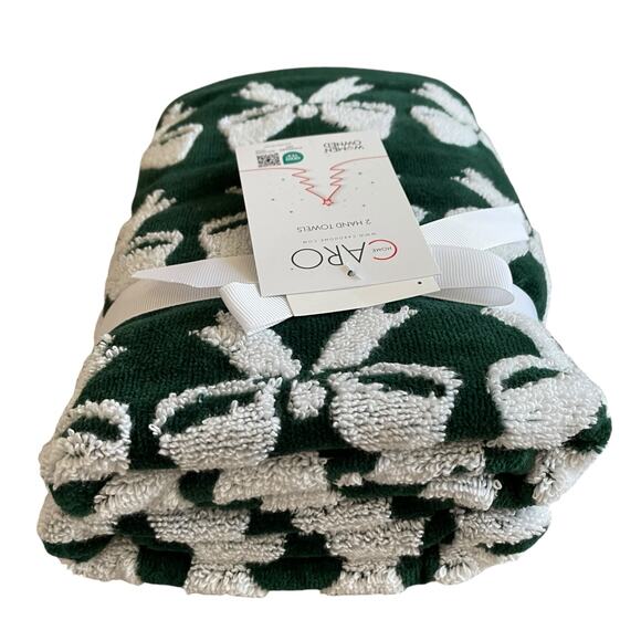 Caro Home CHRISTMAS BOW Hand Towels Set of 2 Green & White Holiday Decor - Picture 3 of 16